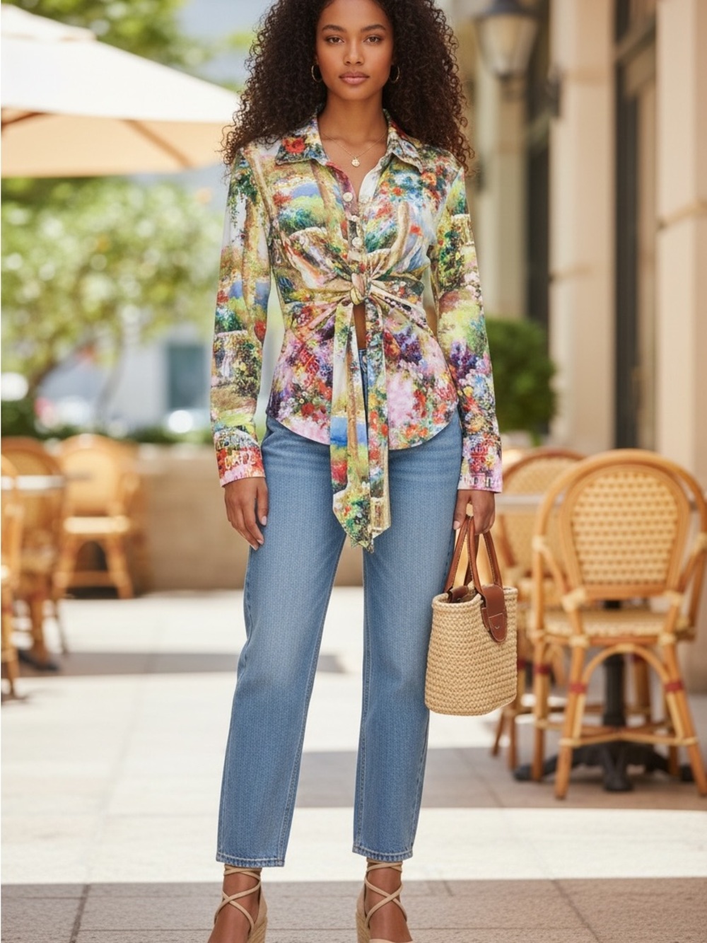Boho Chic Medium Multicolor Floral Tie-Front Button-Down Shirt